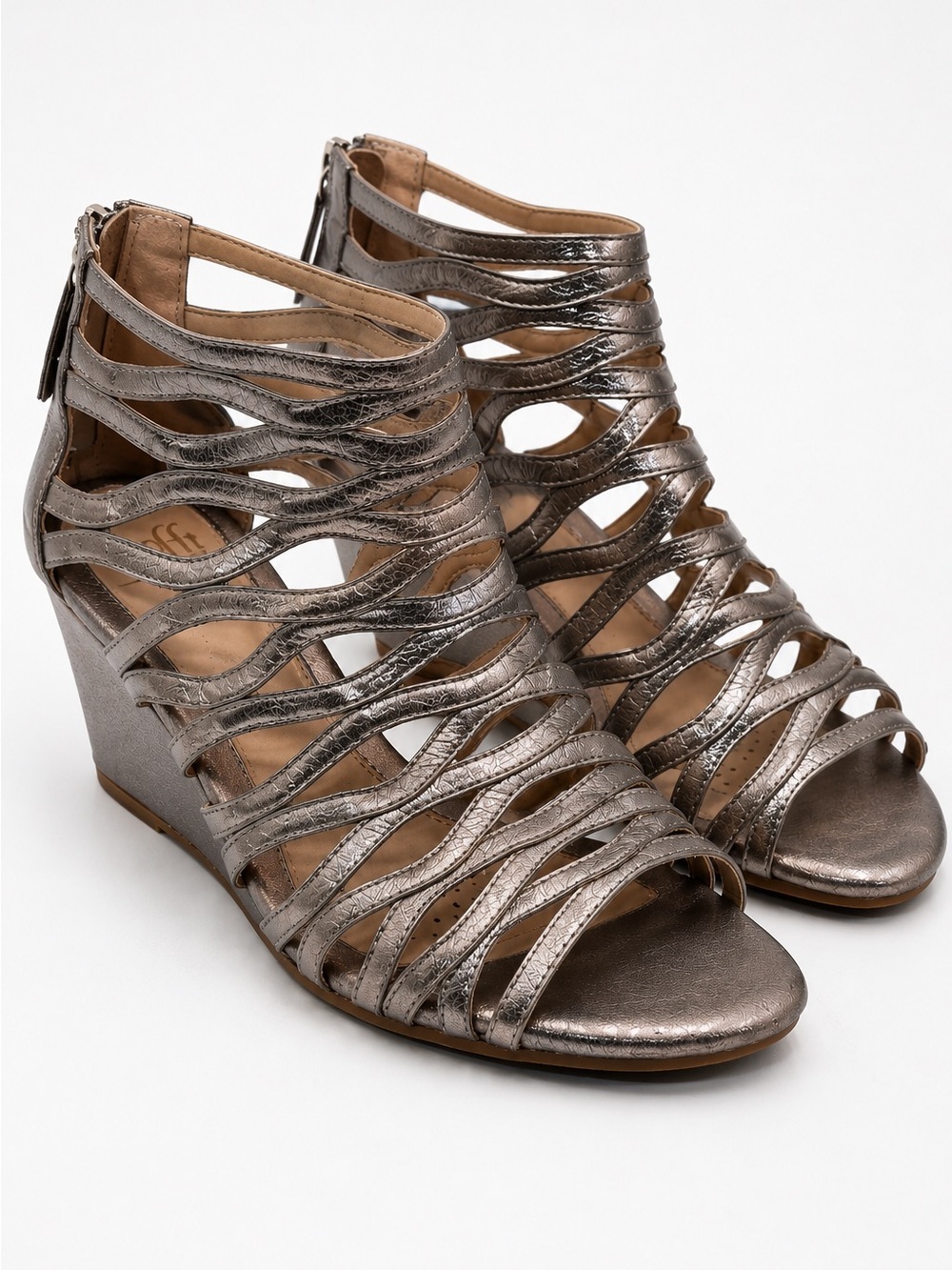 Sofft Francesca Metallic Pewter Leather Gladiator Cage Wedge Sandals 8.5 Comfort